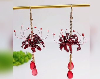 Handmade Japanese Kanzashi earrings,Glass Resin,Spider Lily earrings,anime accessories,for wedding, Hanfu Hair Accessoriess,cosplay costume