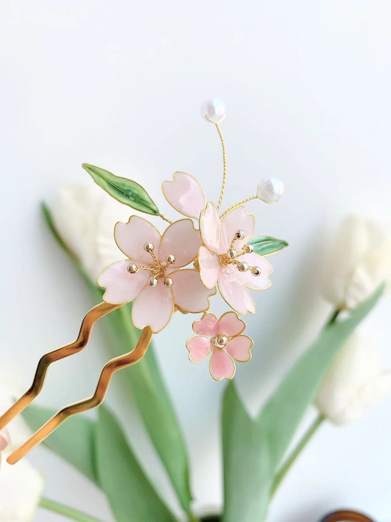 Oriental hair pin with cherry flower and pearl PAIR Kanzashi Hair Pins Floral Pearl Sakura Black & White  main image 4
