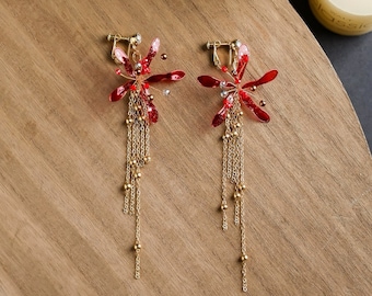 Handmade Japanese Kanzashi earrings,Glass Resin,Spider Lily earrings,anime accessories,for wedding, Hanfu Hair Accessoriess,cosplay costume