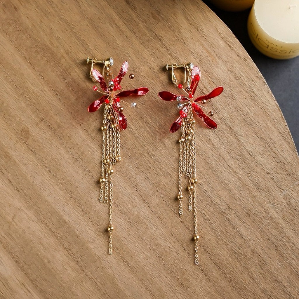 Handmade Japanese Kanzashi earrings,Glass Resin,Spider Lily earrings,anime accessories,for wedding, Hanfu Hair Accessoriess,cosplay costume