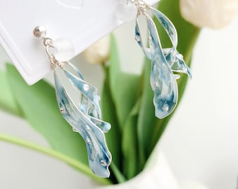 Handmade Blue Wave Earrings,Blossom dangle earrings,Gifts for girl,Bridesmaid gift,For wedding,Kanzashi resin,Mother Gift,Anniversary