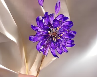 Handmade hairpin,Japanese Kanzashi hairpin,Glass Resin,purple Lotus hairstick,anime accessories,for wedding,Bridal Hanfu Hair Accessoriess