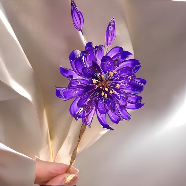 Handgemaakte haarspeld, Japanse kanzashi-haarspeld, glashars, paarse lotushaarspeld, anime-accessoires, voor bruiloft, bruids Hanfu-haaraccessoires