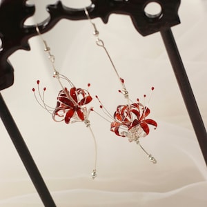 Handmade Japanese Kanzashi earrings,Glass Resin,Spider Lily earrings,anime accessories,for wedding, Hanfu Hair Accessoriess,cosplay costume