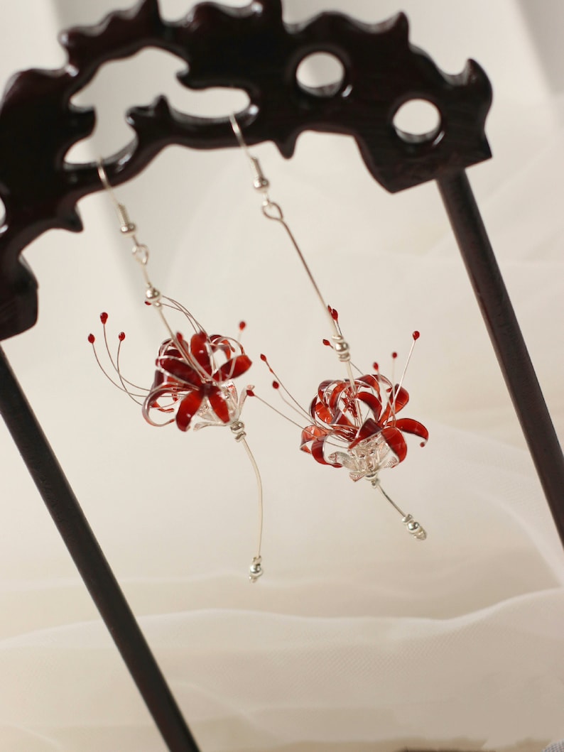 Handmade Japanese Kanzashi earrings,Glass Resin,Spider Lily earrings,anime accessories,for wedding, Hanfu Hair Accessoriess,cosplay costume image 1