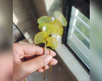 Handmade hairpin,Japanese Kanzashi haripin,ginkgo hairstick,jewelry,for wedding,anime,Bridal Hanfu Hair Accessoriess,resin wire wrapped