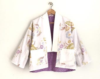 Purple flower polkadot batik reversible kimono jacket