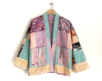 Purple patchwork reversible kimono jacket