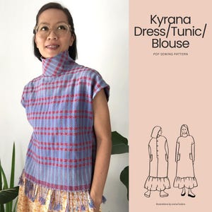 Peut inclure: Une tunique sans manches à col montant avec un motif à carreaux bleu et rouge et un ourlet à franges. L'image contient le texte Kyrana Dress/Tunic/Blouse PDF SEWING PATTERN et des dessins au trait de deux variantes de vêtements à poches.