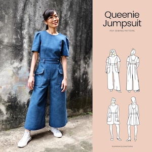 May include: A blue denim jumpsuit with short puff sleeves, a round neckline, and two large front pockets. The right side of the image features the text "Queenie Jumpsuit PDF SEWING PATTERN" and black and white line drawings of the garment design.