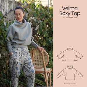 May include: A PDF sewing pattern titled Velma Boxy Top featuring a light green long-sleeve top with a high collar and a boxy fit. The document includes line drawings of the top from front and back views, with text indicating the pattern name.