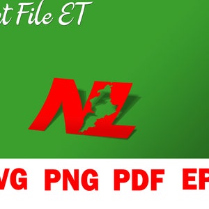 May include: Red cut file design of the letters NZ with a green outline of the country of New Zealand inside the letter Z. The text "Cut File ET" is at the top of the image. The words "SVG PNG PDF EPS" are at the bottom of the image.