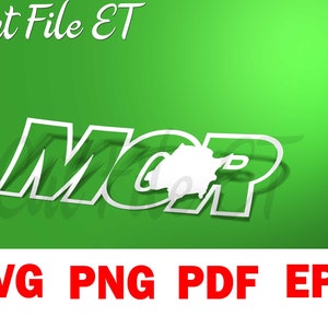 Peut inclure: Conception de fichier découpé blanc du mot "MCR" dans une police gras et soulignée. Le motif est sur un fond vert avec le texte "Cut File ET" en haut. Le fichier est disponible aux formats SVG, PNG, PDF et EPS.