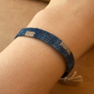Handwoven Indigo Linen Bracelet Natural Plant Dyed Cotton String Minimal Geometric Folk Wristband, Boho Japandi Fiber Jewelry with Jade Bead