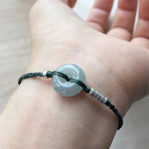 genuine jade bracelet handmade green rope / 925 silver & natural jadeite donut lucky gift for her valentine&#39;s day gift for him
