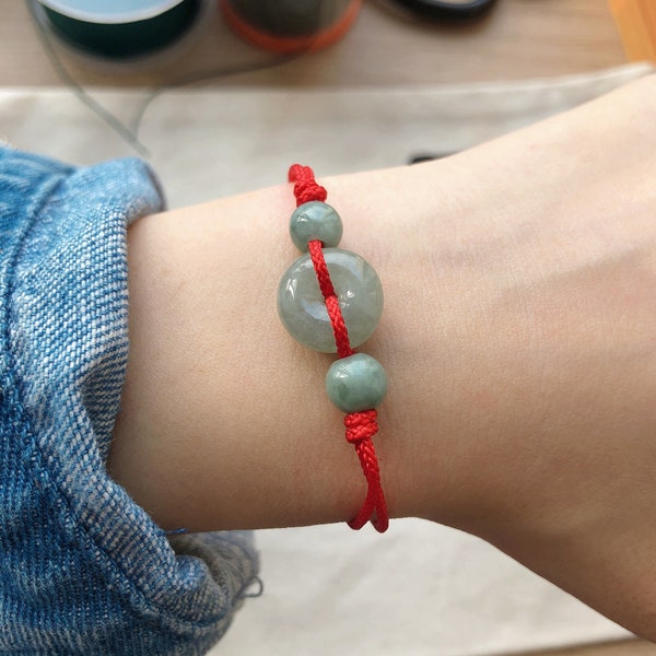 real green jade donut natural jadeite bracelet for women men's good luck gift for boyfriend and girlfriend, adjustable red / green rope