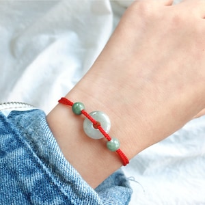 green jade bracelet beads natural jade cuff women bangle red & black string Chinese nephrite personalized gift for mom sister gift for her