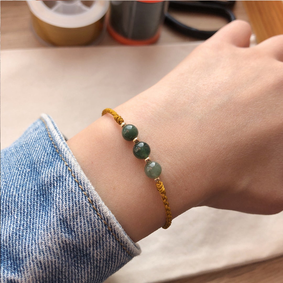 6mm Green Jade Bead Bracelet for Women Gift for Her Natural Genuine Jade Jewelry 14k Gold Bead