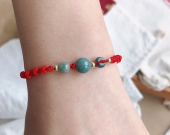 jade bracelet women vintage 14k gold bead green jade beads charm gift for mom and gift for sisters handmade adjustable red string black rope