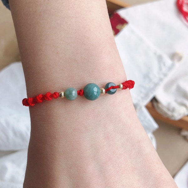 jade bracelet women vintage 14k gold bead green jade beads charm gift for mom and gift for sisters handmade adjustable red string black rope