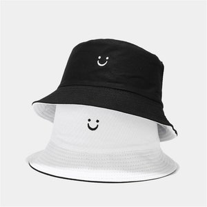 Unisex Small Smiley Embroidered Bucket Hat Double-Sided Fisherman Cap