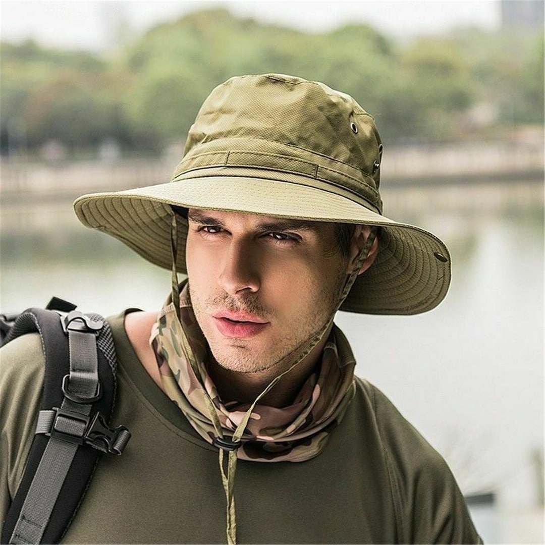 Men's Bucket Hat Boonie Hunting Fishing Outdoor Cap Wide Brim Military  Unisex Sun Hats Large Wide Brim UV Protection Waterproof Sun Cap 