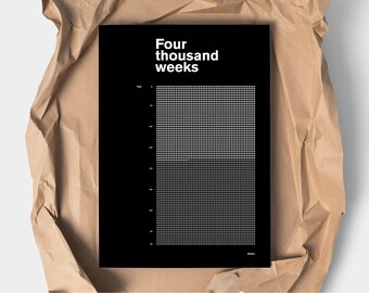 May include: A black and white poster with the text "Four thousand weeks" at the top. The poster features a grid of small squares, representing weeks of a lifetime, with a horizontal line dividing the grid in half.