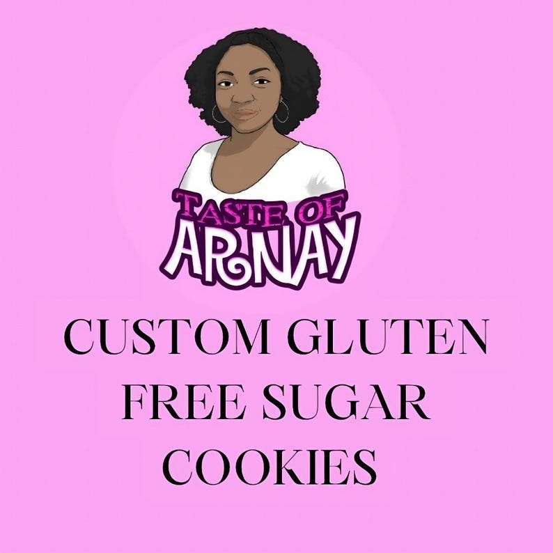 K&ouml;nnte beinhalten: Ein rosa Hintergrund mit einer Cartoon-Illustration einer Frau mit brauner Haut und lockigem schwarzem Haar. Der Text "Taste of Arnay" befindet sich in einem lila Kreis mit einem rosa Wirbel. Der Text "Custom Gluten Free Sugar Cookies" ist in schwarzer Schrift.