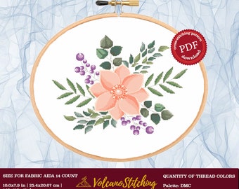 Patrón de punto de cruz de flor de naranja, arte del aro de bordado floral, xstitch contado moderno, descarga digital instantánea en PDF
