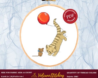 Patrón de punto de cruz de gato, arte del aro de bordado de animales, punto de cruz contado moderno, descarga digital instantánea en PDF
