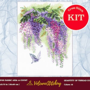 Wisteria cross stitch kit by RIOLIS 1672, Flower embroidery hoop art