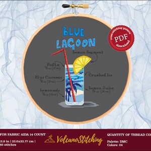 Blue lagoon cross stitch pattern PDF, Party cocktails embroidery hoop art, Custom drinks recipe, Funny simple scheme