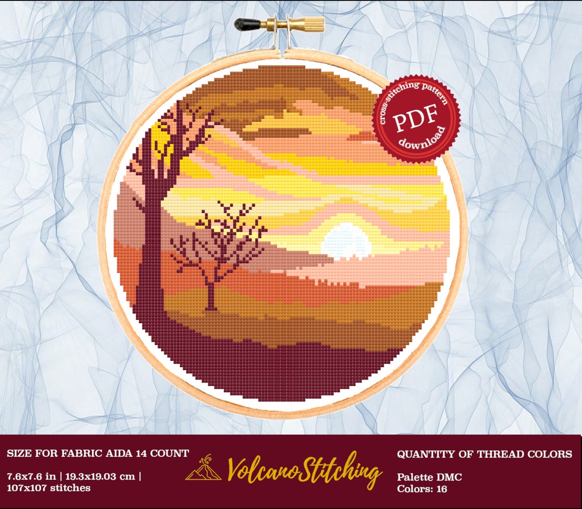 Sunrise Cross Stitch PDF Pattern Landscape Embroidery Hoop | Etsy