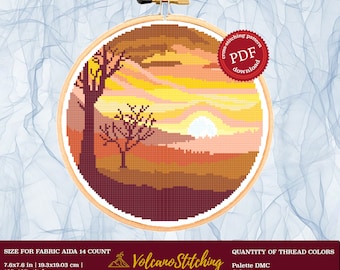 Sunrise cross stitch PDF pattern, Landscape embroidery hoop art, Modern counted xstitch design, Instant digital download