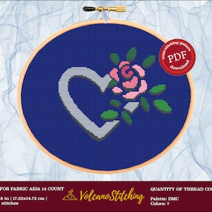 Heart cross stitch pattern, Love and flower embroidery hoop art, Floral modern counted xstitch, PDF instant digital download