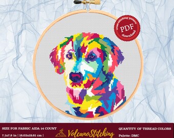 May include: A colorful cross-stitch pattern of a dog's face. The pattern is in a 7.1 by 7.8 inch hoop and uses 29 colors of DMC thread.