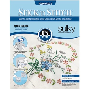 May include: A pack of Sulky Stick 'n Stitch self-adhesive, wash-away embroidery stabilizer. The pack includes 12 sheets, each measuring 8 1/2 inches by 11 inches. The pack is white and features a floral embroidery design. The text "PRINTABLE" is at the top of the pack. The text "FREE INSIDE Vintage Heart-Wreath Embroidery Pattern" is in the upper left corner. The text "SELF-ADHESIVE, WASH-AWAY" is in the upper right corner. The text "sulky Create with Confidence" is in the upper right corner. The text "WEIGHT: Medium COLOR: White SIZE: 12 Shts, 8 1/2"x 11" Instructions Included Item no. 459-02" is in the lower right corner.
