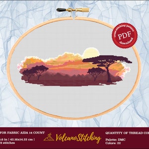 Africa cross stitch  PDF pattern, Instant digital download, Sunset embroidery hoop art, Modern counted xstitch design
