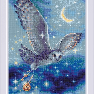 May include: Cross-stitch artwork of a flying owl with outstretched wings, carrying a pumpkin. The owl is gray and white, set against a starry night sky with a crescent moon. The artwork is framed in white.