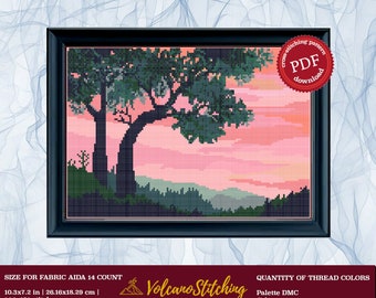 Pink sky landscape cross stitch pattern, Old tree embroidery hoop art, Instant digital download PDF, Modern counted xstitch design