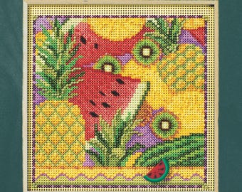 Summer Fruit cross stitch kit by Mill Hill, MH14-2413, Buttons and Beads spring series, Modern embroidery hoop art