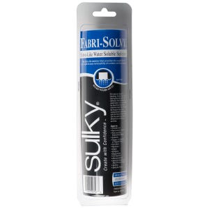 May include: A black and blue package of Sulky Fabri-Solvy water soluble stabilizer. The package has the text "Sulky Create with Confidence" and "Fabri-Solvy Fabric-Like Water Soluble Stabilizer".