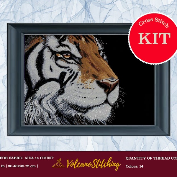 Orange Tiger cross stitch kit by Design Works 2929, Modern embroidery hoop art