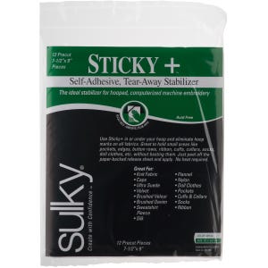 May include: A black and green package of Sulky Sticky+ Tear-Away Stabilizer for embroidery. The package features the text "Sticky+" and "Self-Adhesive, Tear-Away Stabilizer". It also lists the product's features and uses, including "Acid Free" and "Create with Confidence".