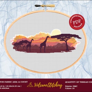 Africa giraffes cross stitch  PDF pattern, Nature embroidery hoop art, Safari sunset modern xstitch design, Instant digital download