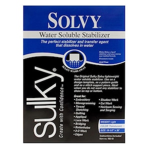May include: A blue and black package of Sulky Solvy Water Soluble Stabilizer. The package features the Sulky logo and the text "Create with Confidence". The product is described as a lightweight water soluble stabilizer that dissolves in water. It is acid free and great for embroidery, monogramming, thread sketching, quilting, appliqué, lace work, bridging, buttonholes, 3-D work, and edges. The package also includes instructions and is 19-1/2" x 36".
