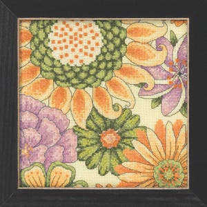 May include: A framed cross-stitch floral design featuring a variety of flowers in shades of orange, green, and purple. The flowers are set against a cream-colored background, and the frame is black.