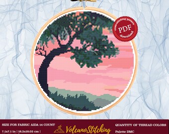 Landscape cross stitch PDF pattern, Pink sky embroidery hoop art, Instant digital download, Nature scenery modern counted xstitch design