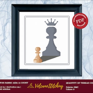 May include: Cross stitch pattern PDF download for a chess piece design. The pattern features a queen chess piece with a crown and a pawn chess piece. The pattern is 9.2 inches by 10 inches and uses 9 colors of DMC thread.