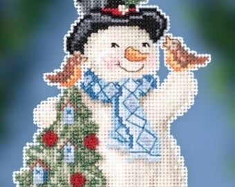 Feathered Friends Snowman cross stitch kit, Jim Shore by Mill Hill, JS20-2012, Modern embroidery hoop art